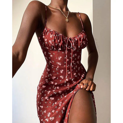 Women Elegant Floral Beach Vacation Streetwear Sexy Low Cut Beach Party Slim Slit Dress Chic Bodycon Lady Sleeveless Vestidos