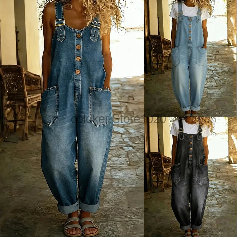 Women Casual Sleeveless Hollow Out Wide Leg Denim Denim Jumpsuit Summer Fashion Harajuku All-match High Waist Playsuits Overalls