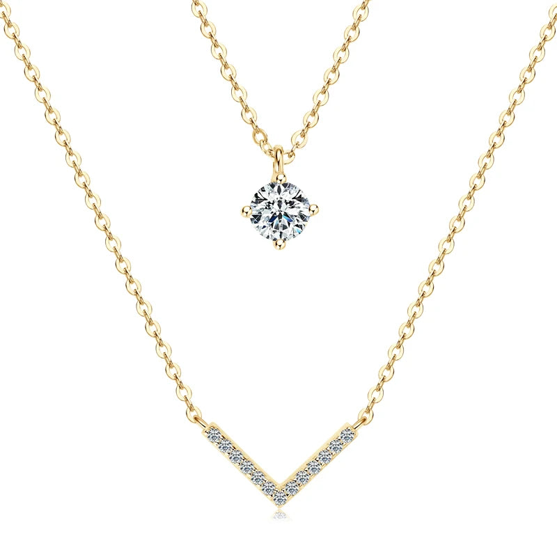 RAPRGOLD Certified Moissanite V-shape Pendant Double Necklaces Chains for Women S925 Sterling Silver Fine Jewelry Gifts Collares
