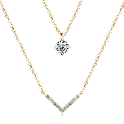 RAPRGOLD Certified Moissanite V-shape Pendant Double Necklaces Chains for Women S925 Sterling Silver Fine Jewelry Gifts Collares
