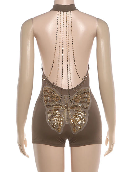 Kliou Butterfly Decoration Mini Dress Woman Sexy Metal Chain Backless Skinny Peach Hip Hot Girls High Street Fashion Rompers