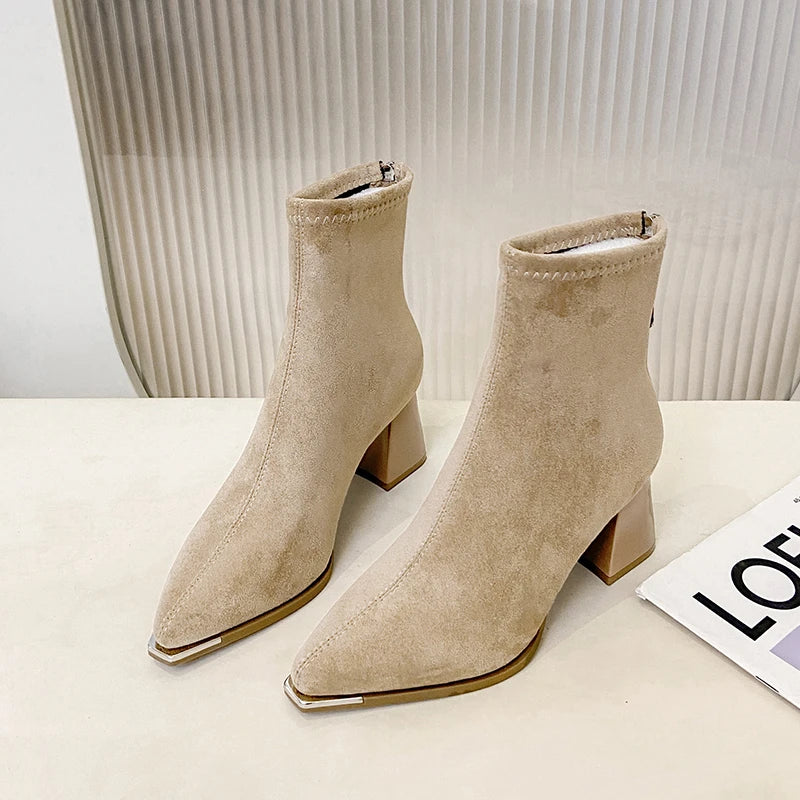 Winter Women Thick Heel Ankle Boots Fashion Pointed Toe Mordern Short Booties Street Style Party Stripper Female Shoes
