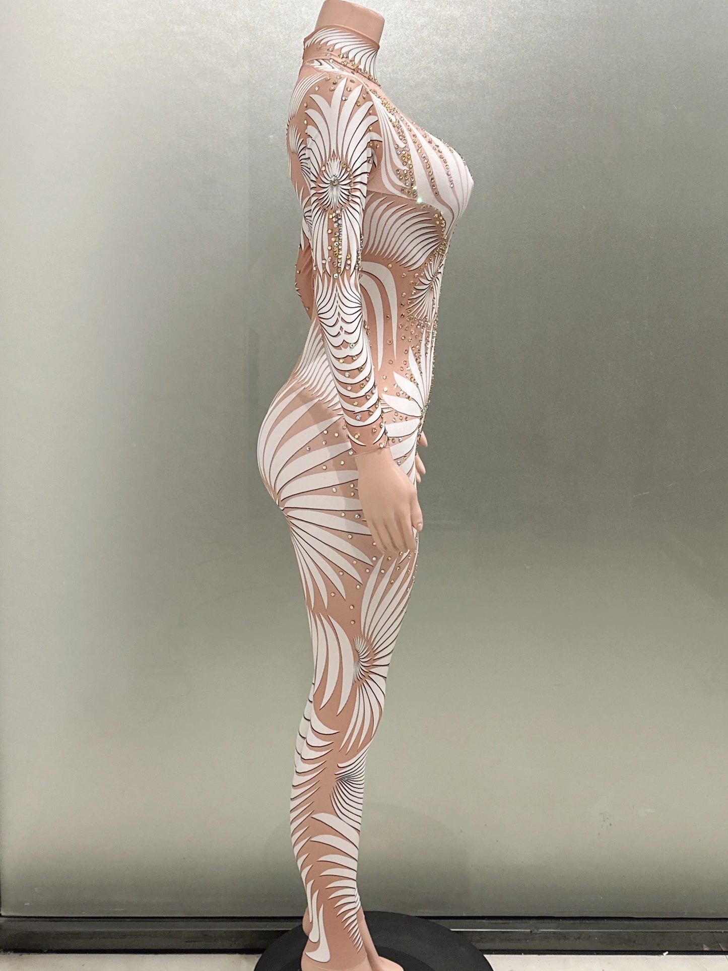 White Printing Shinning Diamonds Sexy Elastic Sheath Long Jumpsuit Evening Party Performance Bar DJ Nightclub Singer Stage Wear