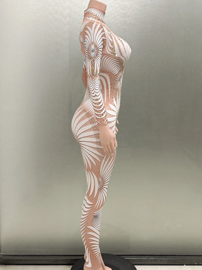 White Printing Shinning Diamonds Sexy Elastic Sheath Long Jumpsuit Evening Party Performance Bar DJ Nightclub Singer Stage Wear
