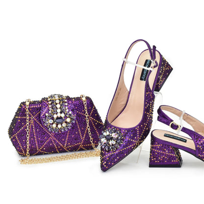 New Fashion Italian Design Rhinestone Pointed-Toe High Heel Shoes & Matching Bag Set Shoe and Bag Set for Nigeria Party Italy