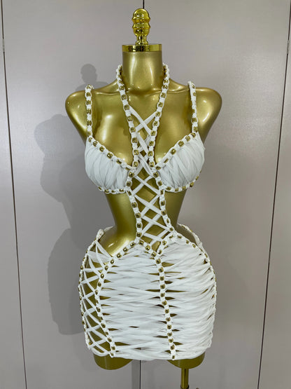 2026 Women Sexy White Halter Neck Perspective Hollow Mini Dresses Summer Backless Nightclub Party Evening Club Performance Dress