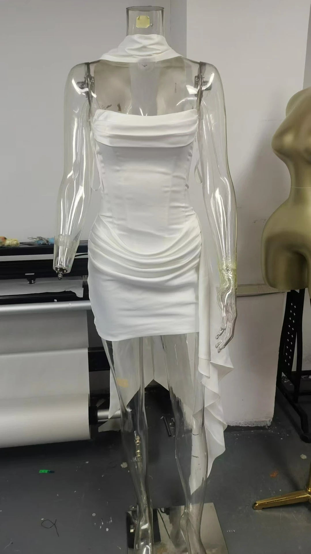 Suninheart Elegant Strapless Corset Dress Sexy White Satin Mini Draped Dress with Scarf Women Cocktail Party Dresses