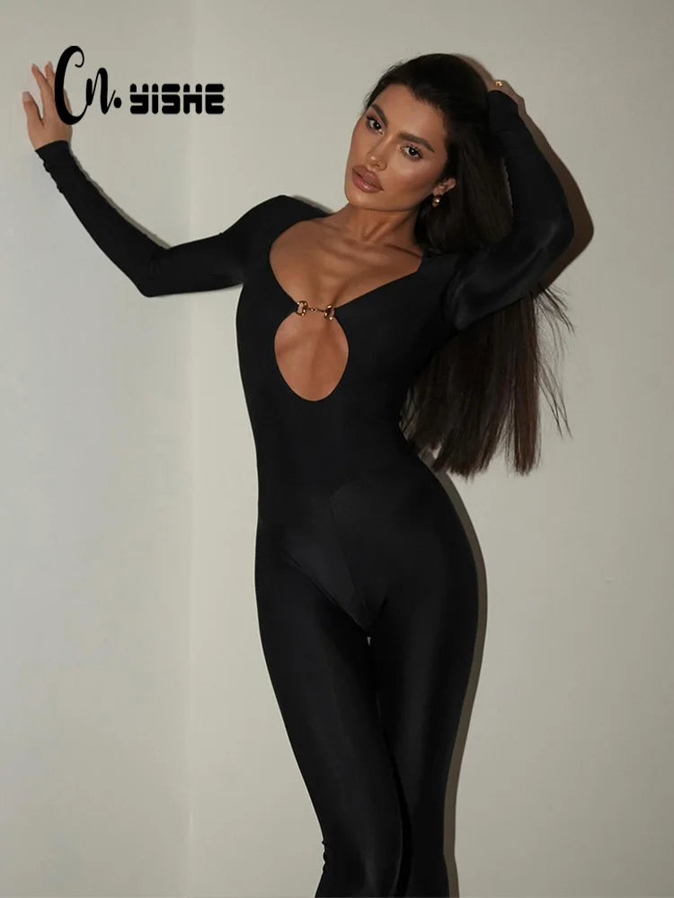 CNYISHE Hollow Out Solid U Neck Long Sleeve Women Jumpsuits Sheath Fashion Casual Tompers Sexy Streetwear Female Regular Chic