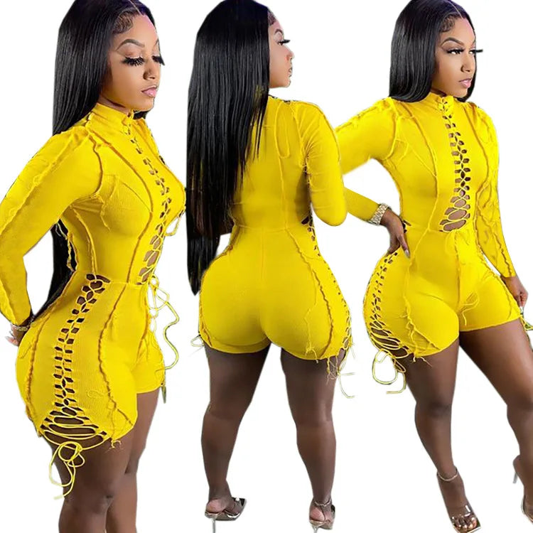 Jump Suits Women One Piece Full Sleeve Drawstring Overalls Short Pants Tight Waist Rompers Hollow Out Y2k Streetwear Sexy 2026