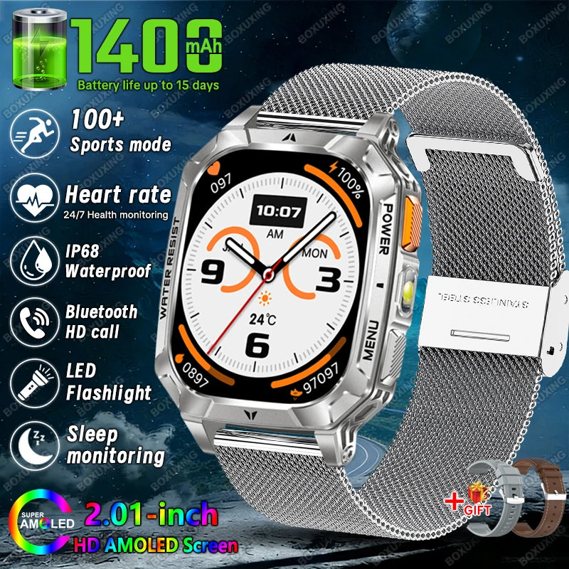 New 1400 mAh Battery Military Smartwatch Men IP68 Waterproof Flashlight Health Monitor Sports Call Smart Watch For iOS Android