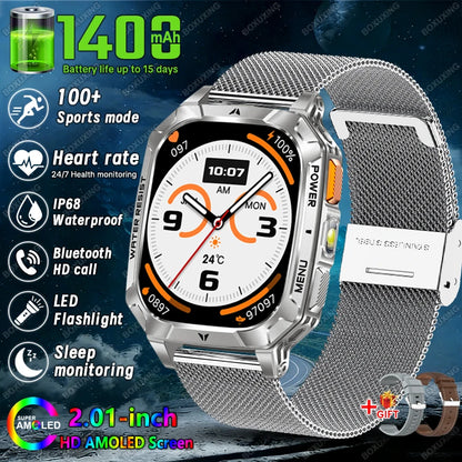 New 1400 mAh Battery Military Smartwatch Men IP68 Waterproof Flashlight Health Monitor Sports Call Smart Watch For iOS Android