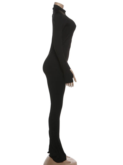 Weird Puss Basic Flared Jumpsuit Women Zip Letter Embroidery Full Sleeve Coquette Stretch Skinny Midnight Party Workout Overalls