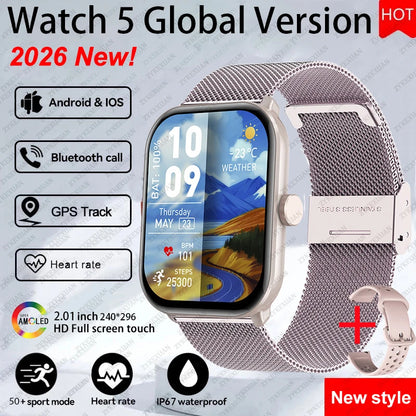 New Watch 5 Sports Smart Watch Men Women 2.01" AMOLED Screen Fitness Tracker Heart Rate ECG Waterproof GPS Track Call Smartwatch