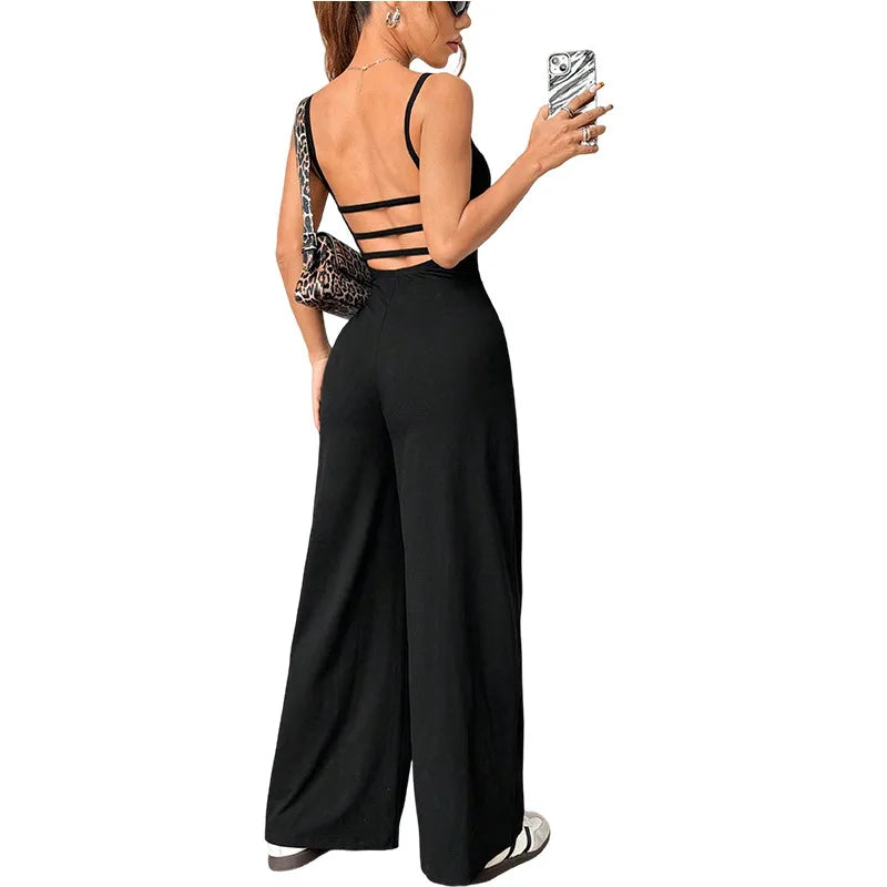 Casual Jumpsuit Jumpsuits For Woman Sling Women's Clothing Solid Color Backless Sleeveless Loose Wide Legs Trouser Simple Style