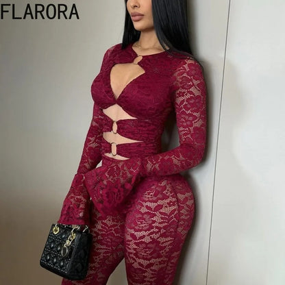 FLARORA Sexy Jacquard Lace Jumpsuits Woman Cutenew Hollow Out Ring Crop Bodycon Jumpsuit Hipster Stretch Midnight Street Overall