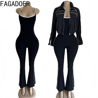FAGADOER Trendy Women's Clothes Crop Jacket and Backless Jumpsuits 2 Piece Set Casual Workout Joggers Two Piece Outfits Woman