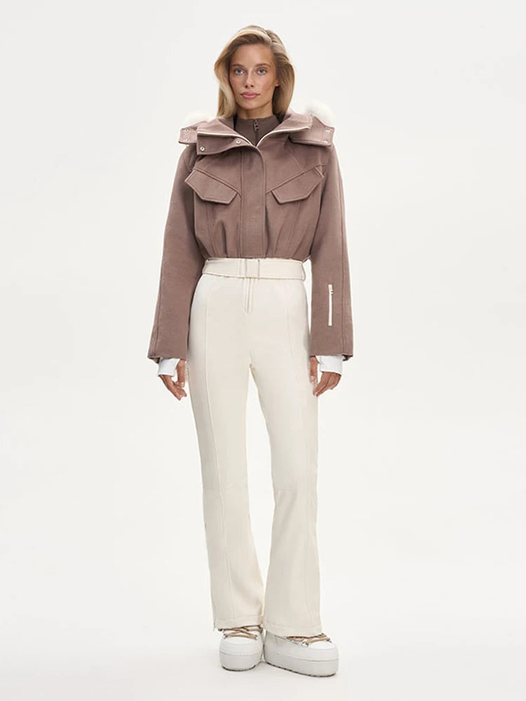 Faux Fur Patchwork Ski Jumpsuit Women Detachable Hoodie Long Sleeves Belts Zipper Warm Skiwear Female 2025 Winter Warm Rompers