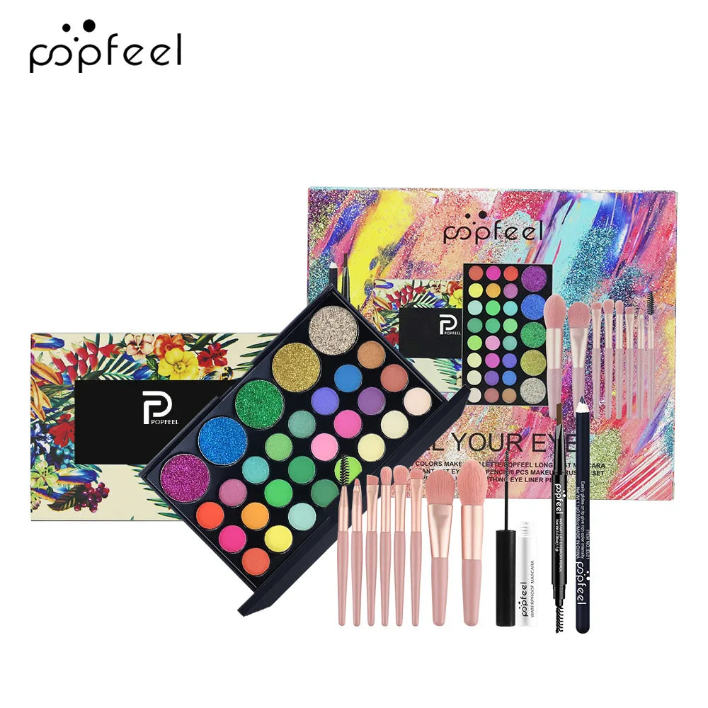 Essential Eye Makeup Set for Beginners Matte&Shimmer Eyeshadow Palette, Mascara, Eyebrow Pencil, Lip Eyeliner,Brush Tool Set Box