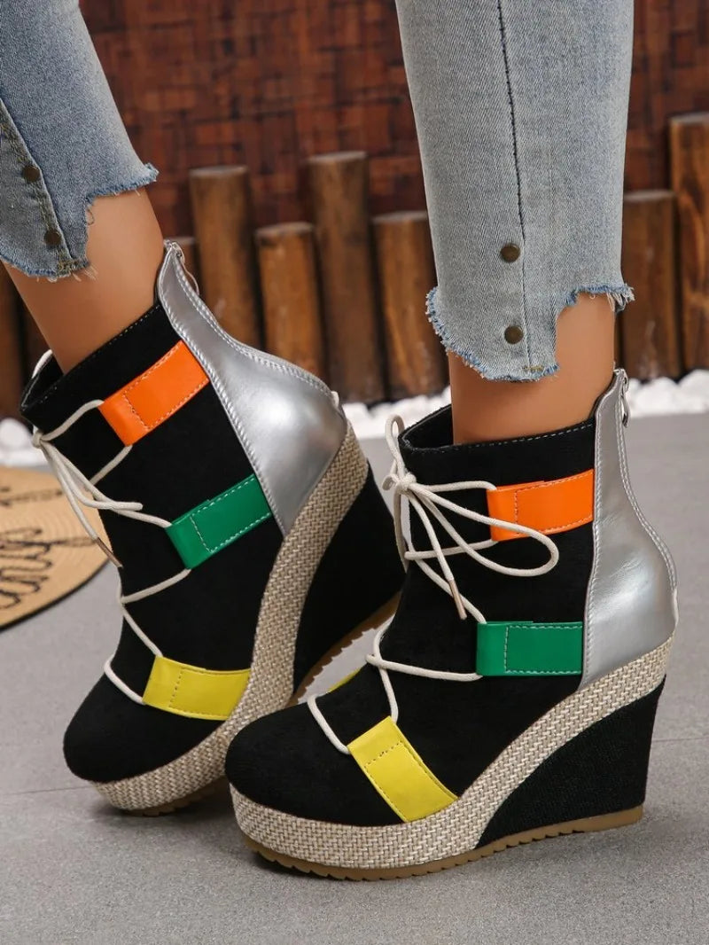 Women's Ankle Boots Wedge Heel Round Toe Platform Shoes Suede-Look Lace-Up Back Zipper Woven Trim Casual Street Style Footwear