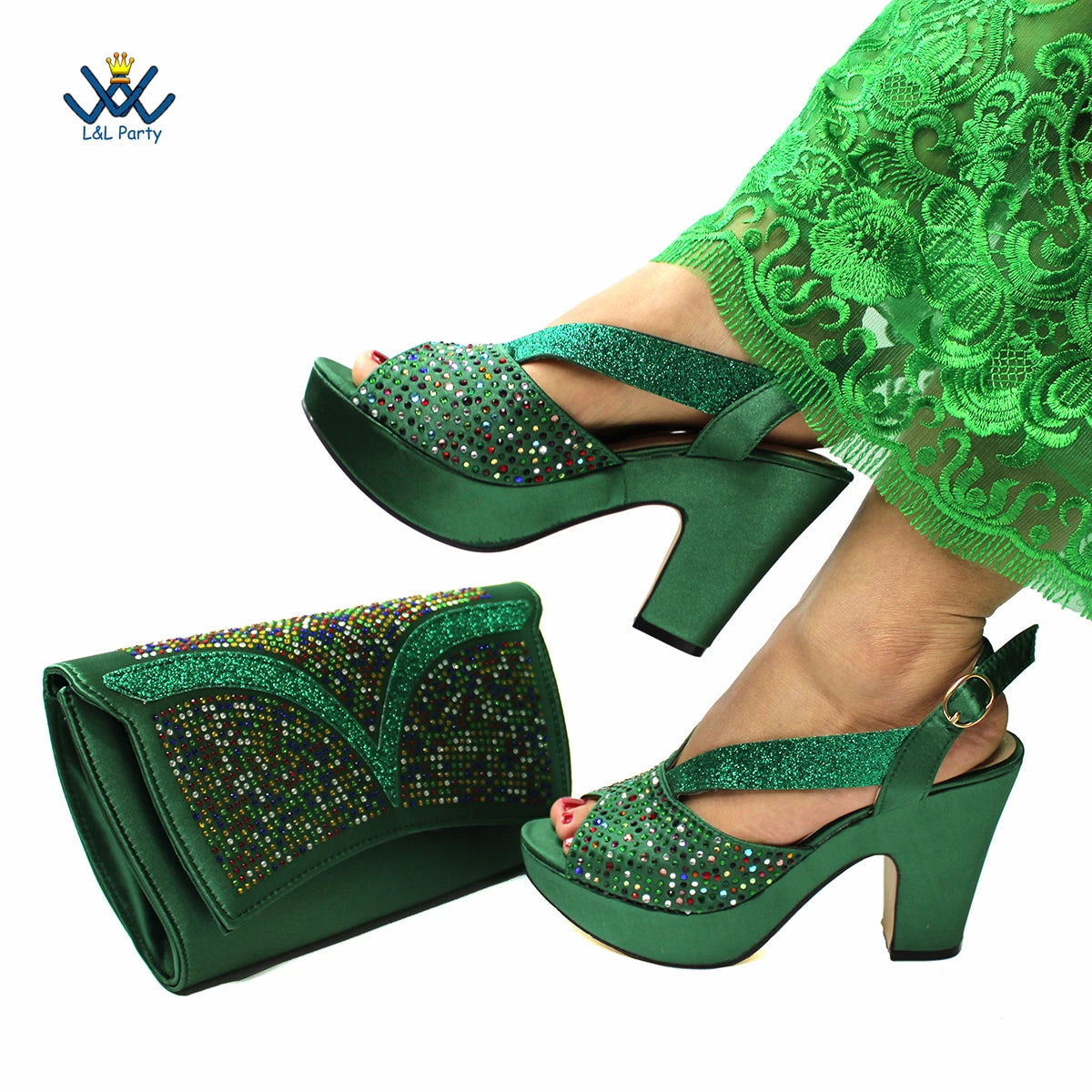 Buckle Strap Sandals Nigerian Women Shoes and Bag Set in Green Color with Wedges Heels For Ladies Party