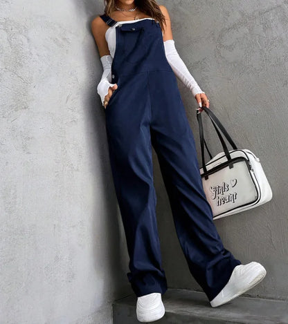 New Casual Women's Jumpsuit Spring Summer Solid Color Simple Loose Retro Style Sleeveless High Waist Backless Wide Leg Overalls