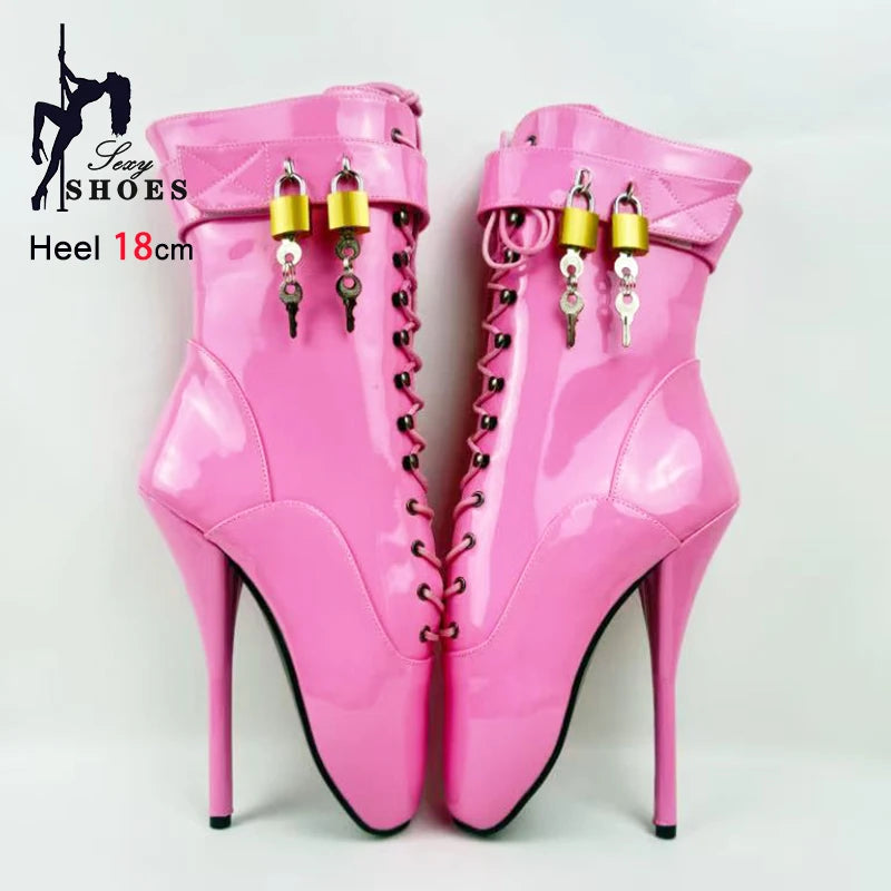 18CM/7Inch Stiletto Super High Heel Lock Wrap Strap Ankle Ballet Boots Fetish Shoes 2025 New Women Pink Sexy Short Booties Mujer