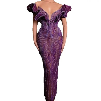 Sexy V Neck Sheath Evening Dresses Beaded Off The Shoulder Party Gown Ankle Length Sequined Prom Dress Customized