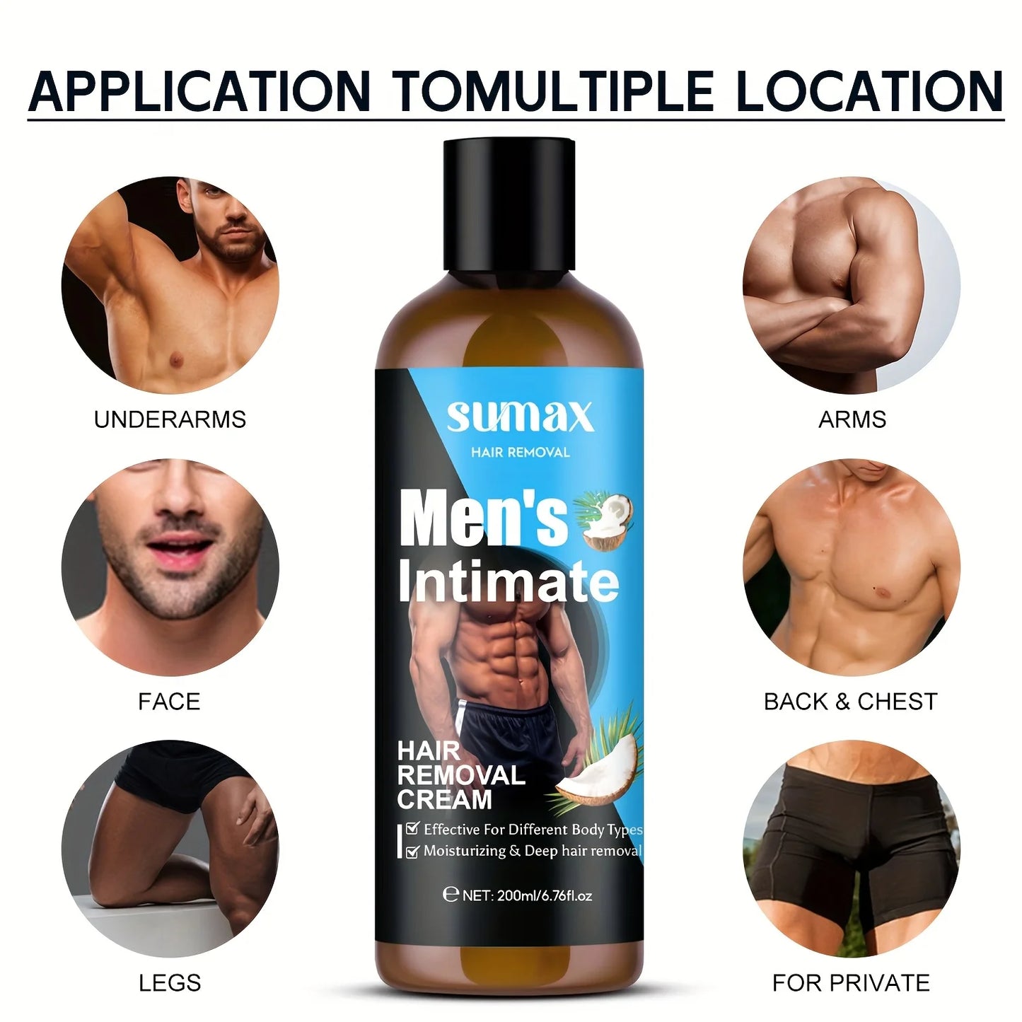 Coconut Oil Men's Private Hair Removal Cream, Suitable for Chest, Underarm, Belly, Legs, Deep Moisturizing, Smooth Skin, 200ml
