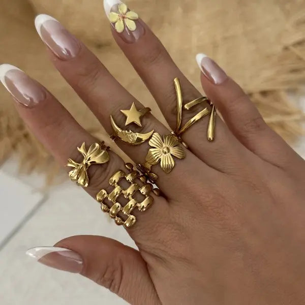 8Pcs/Set Vintage Pink Metal Flower Ring Set for Women Punk Elegant Baroque Pearl Knuckle Joint Ring Party Daily Wear Jewelry