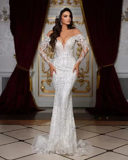 Customzied Shoulder Beads Sequins Wedding Dresses with Detachable Train Fashion Court Train Luxury Bride Dresses