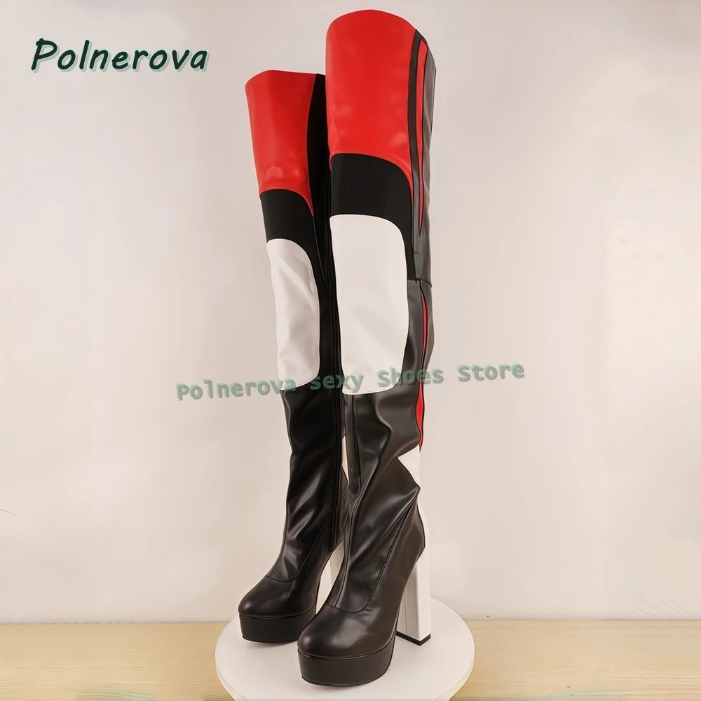Multi Color Sexy Over The Knee Boots Round Toe Block Heels Side Zip Women Splicing Motorcycle Boots Punk Cool Style 2026 Spring
