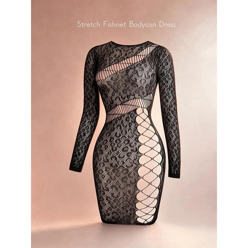 Hollow Out Fishnet Beach Cover Up Bodycon Dress, Sheer Mesh Festival Swimwear for Women Summer