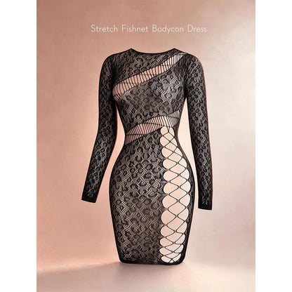 Hollow Out Fishnet Beach Cover Up Bodycon Dress, Sheer Mesh Festival Swimwear for Women Summer