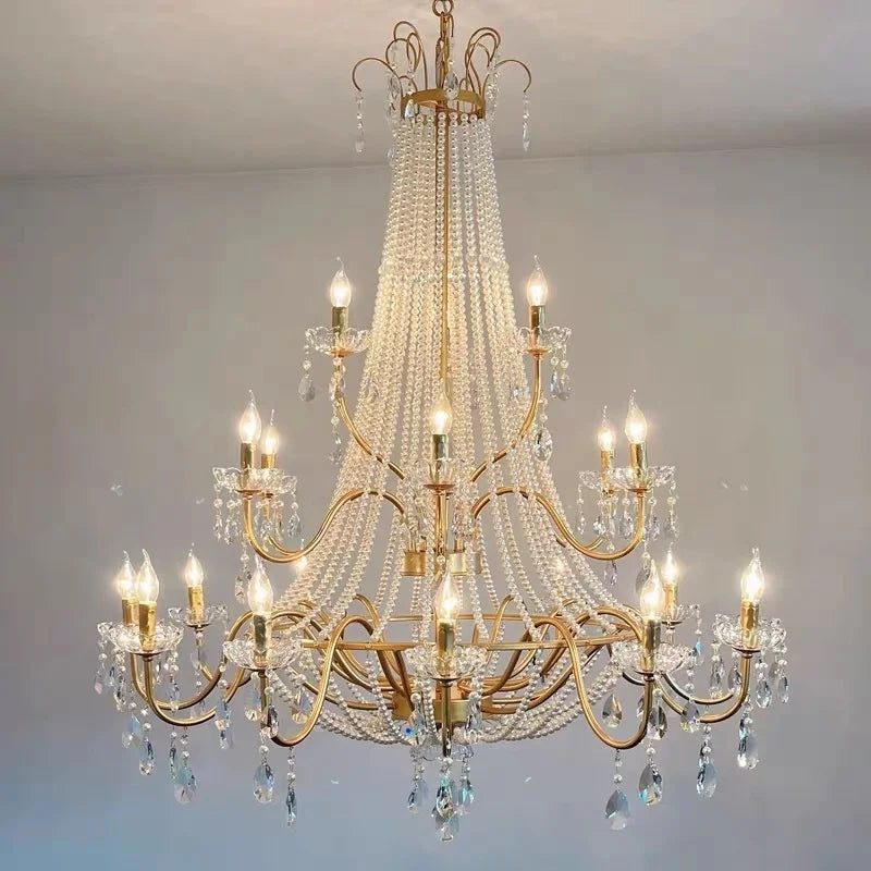 French Candle E14 Led Chandelier Villa Stairs Pearl Crystal Led Pendant Lights Hotel Art Decor Suspend Light Led Luminarias