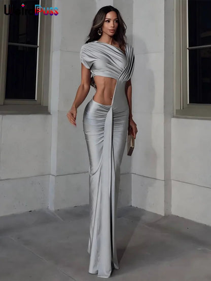 Weird Puss Irregular Hollow Dress Women Ruched Diagonal Collar Shorts Sleeve Waistless Slits Street Trend Elegant Long Bodycon