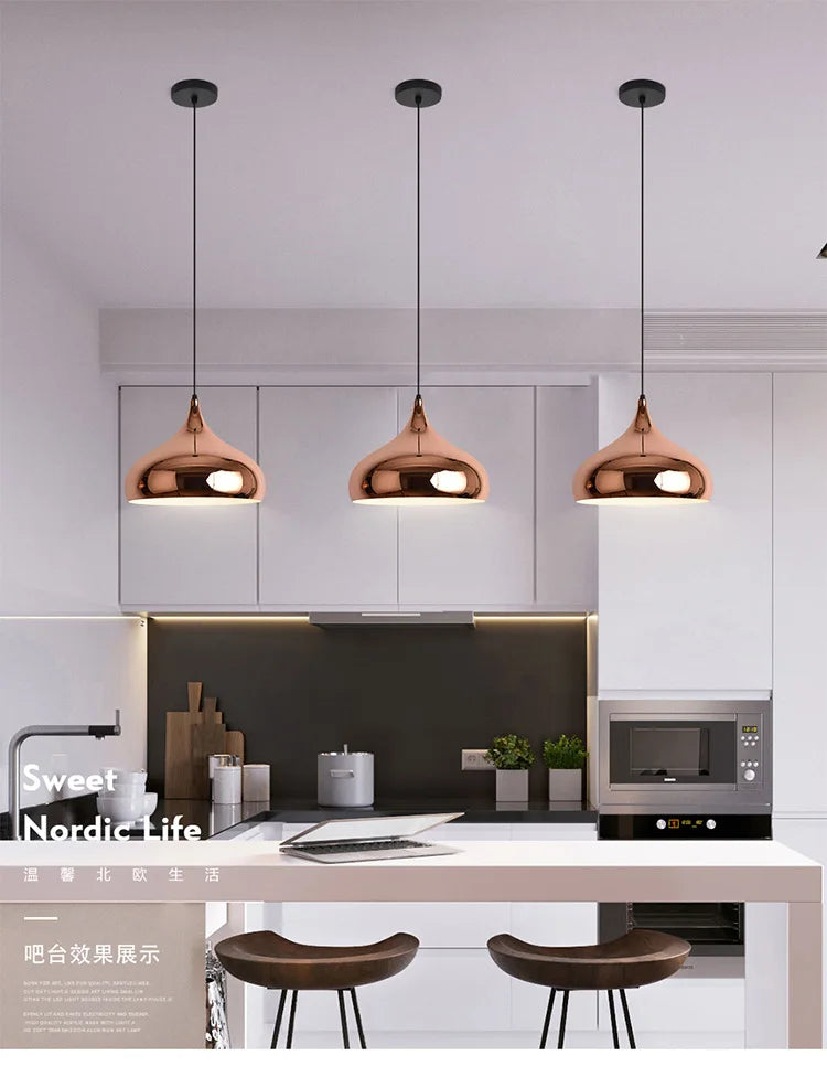 Nordic Rose Gold Pendant Lights Plated Metal Hanging Lamp Fixtures Dining Room Kitchen Island Bar Cafe Indoor Decor Lighting E27