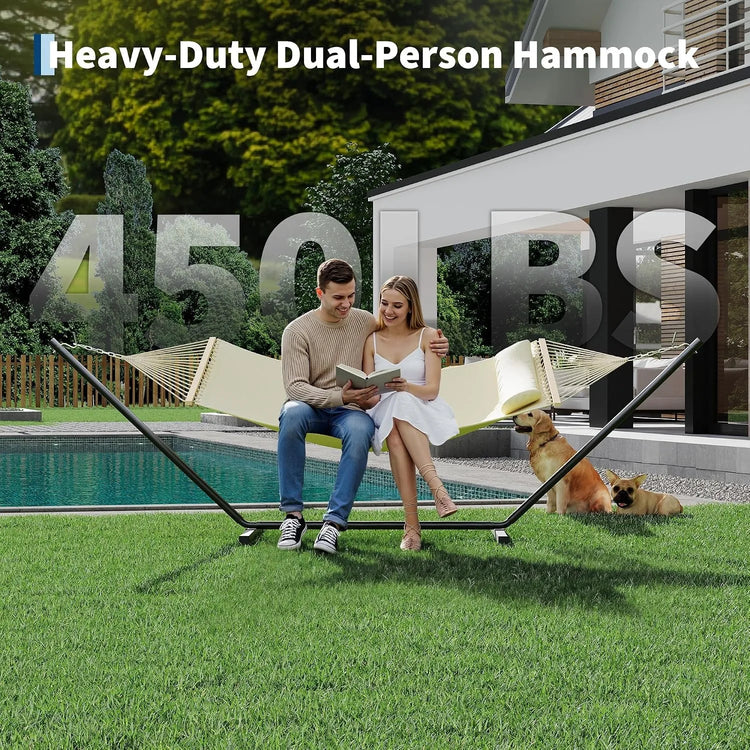 2-Person Hammock with Stand for Outside, 450lbs Double Hammock with Balance Rope and Pillow, Polyester Hammock Set for Backyard Poolside Camping Beach, Off White