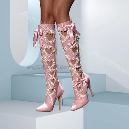 White Bowknot Pearl Decor Boots Lace Pointed Toe Stiletto Spring for Women Party Dress Elegant Boots 2025 Zapatos Para Mujere