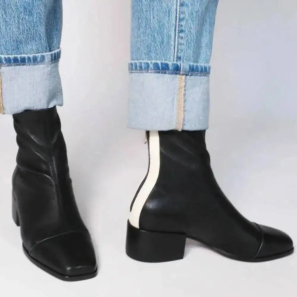 Colorblock Women Ankle Boots British Style Boots Square Toe Chunky Heels Short Booties Ith Back Zipper