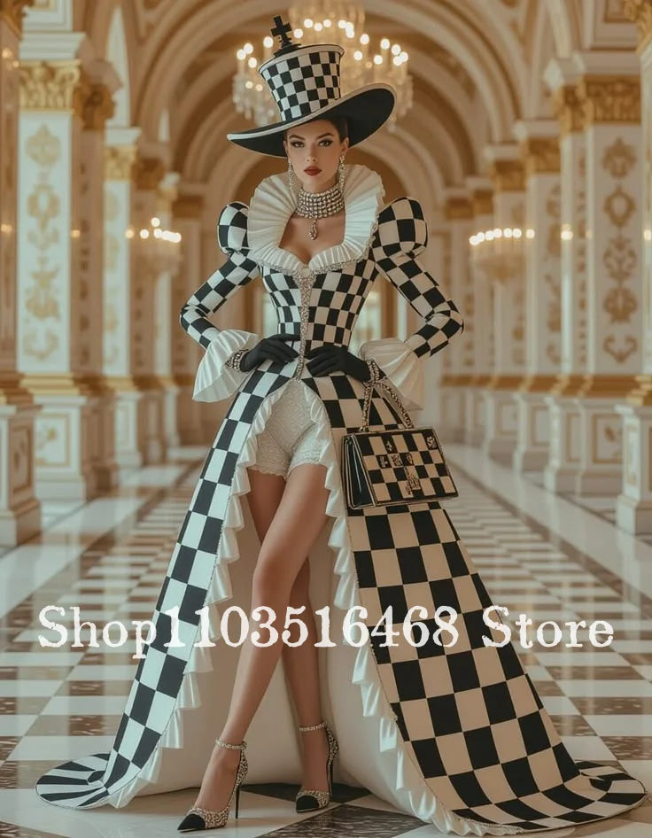 Black White Checkerboard Vintage Court Evening Dress Customized Special Occasion BallGown Cosplay Dress Comic Con Dress 2026
