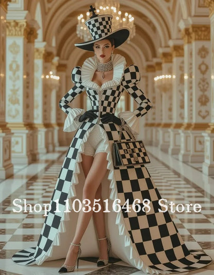 Black White Checkerboard Vintage Court Evening Dress Customized Special Occasion BallGown Cosplay Dress Comic Con Dress 2026
