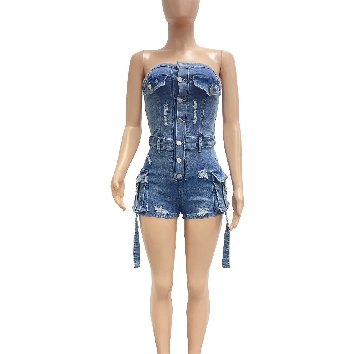 Jumpsuits Women Denim One Piece Jeans Shorts Summer 2025 Short Pants Strapless Backless Hole Washed Distressed Streetwear