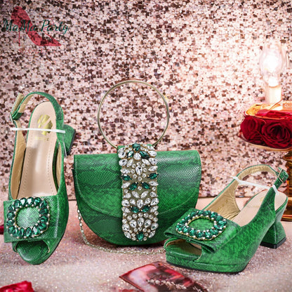 2025 Autumn New Design Specials Italian Women Shoes and Bag Set Pink Color Comfortable Mid Heels With Rhinestone
