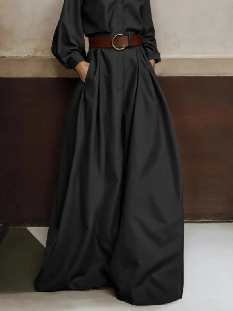 UOOZEE 2026 New Female Fashion High Waisted Wide Leg Jumpsuits Spring Long Sleeves Loose Buttoned V-Neck Office Jump Suits