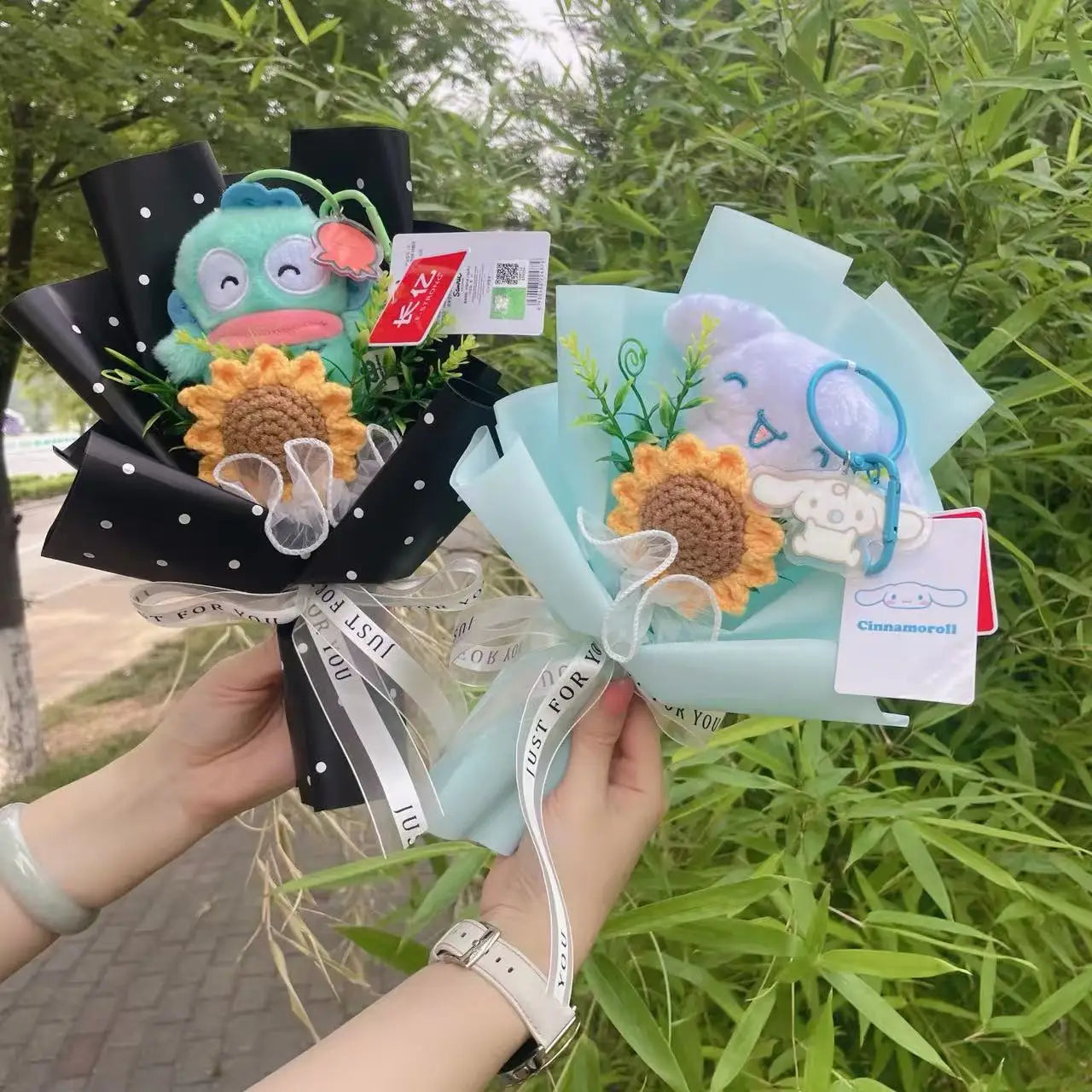 Genuine Sanrio Plush Toy My Melody Kuromi Cinnamoroll Hellokitty With Crochet Flowers Handmade Bouquets Christmas Birthday Gifts
