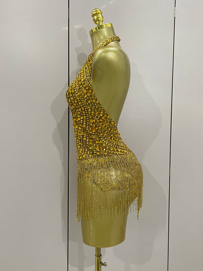 Luxury Golden Rhinestone Sexy Mesh Stretch Bodysuits Women Birthday Dancer Performance Stage Wear Nightclub Team Hotwife Outfit