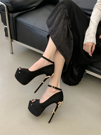 Liyke Sexy Metal Snake Shape Thin Heeled Sandals Women Peep Toe Buckle Strap Platform High Heels Party Stripper Shoes Size 35-42