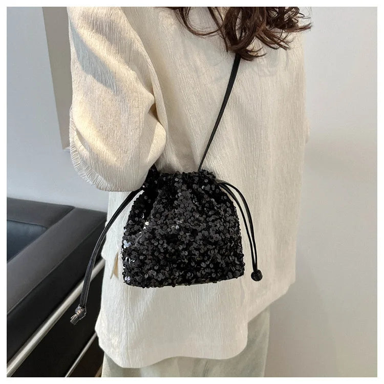 Shiny Sequin Drawstring Shoulder Bags for Women, Mini Crossbody Purse ,Sparkly Evening Handbag Suitable for Party Night Out