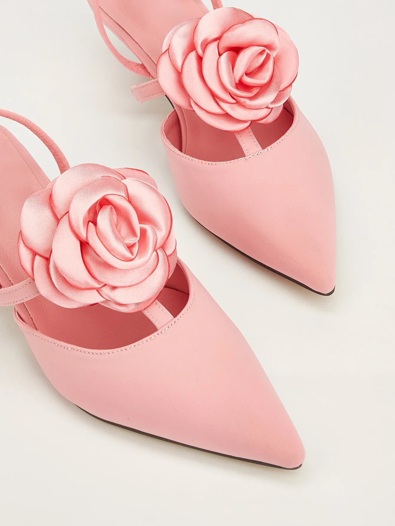 INSIGHTLINK Pink Women's Pointy Toe Kitten Heels Slingback Pumps Elegant Satin Sandal Rose Flower Office Shoes Luxury Stilettos