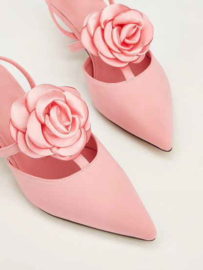 INSIGHTLINK Pink Women's Pointy Toe Kitten Heels Slingback Pumps Elegant Satin Sandal Rose Flower Office Shoes Luxury Stilettos